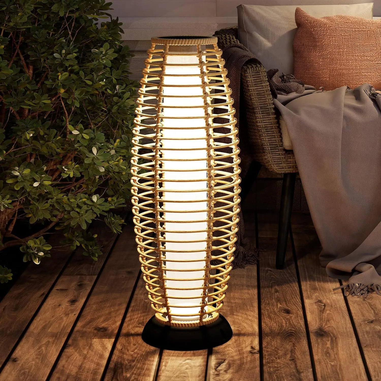 Grand patio Floor Lamp Outdoor Lamp Patio Lights Solar Powered Lantern Weather-Resistant Wicker Deck Lights, Lamp Large-Sized for Garden (Austin Natural Brown)
