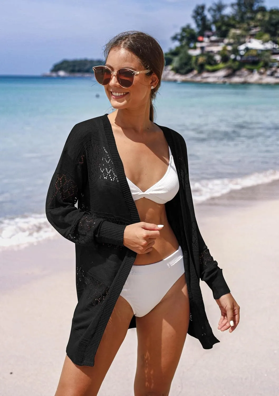 GRECERELLE Women's Lightweight Crochet Long Sleeve Loose Casual Open Front Cardigan Drape Sweaters Boho Summer Beach Coverups