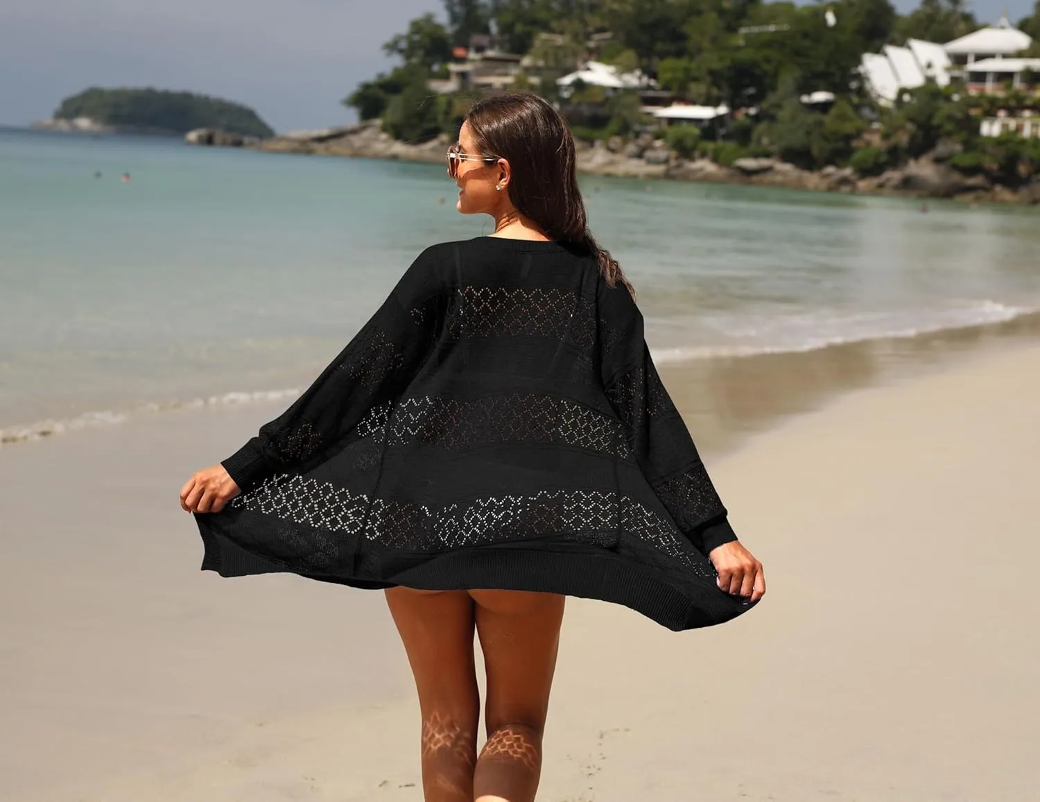 GRECERELLE Women's Lightweight Crochet Long Sleeve Loose Casual Open Front Cardigan Drape Sweaters Boho Summer Beach Coverups