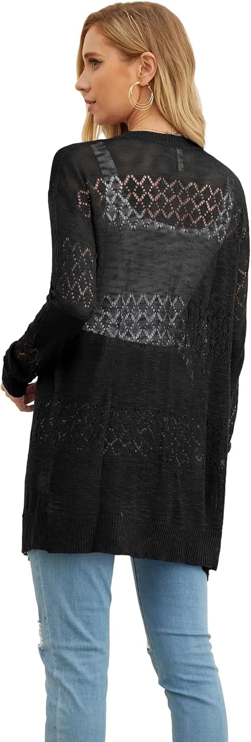 GRECERELLE Women's Lightweight Crochet Long Sleeve Loose Casual Open Front Cardigan Drape Sweaters Boho Summer Beach Coverups