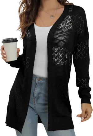 GRECERELLE Women's Lightweight Crochet Long Sleeve Loose Casual Open Front Cardigan Drape Sweaters Boho Summer Beach Coverups