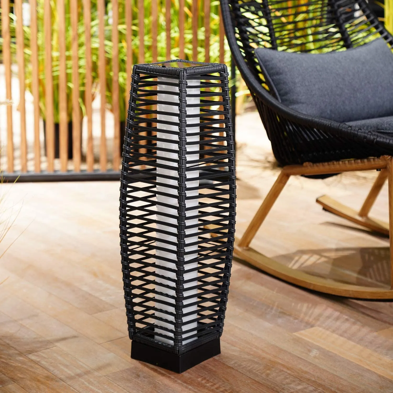 Grey Patio Outdoor Solar-Powered Woven Resin Wicker Lantern Floor Lamp