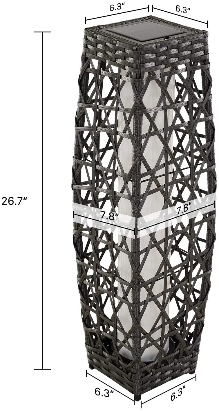 Grey Patio Outdoor Solar-Powered Woven Resin Wicker Lantern Floor Lamp