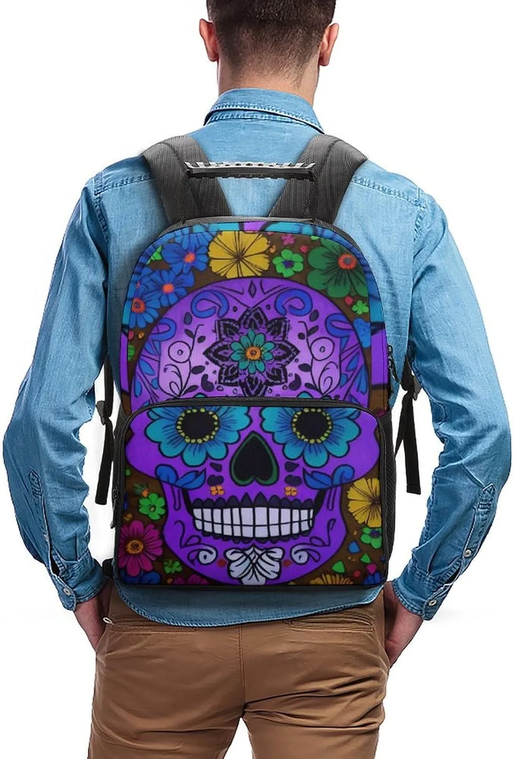 Grunge Mexican Sugar Skulls Day Of The Dead Flowers Art Rucksack Polyester Anti-Theft Multipurpose Bookbag Big Capacity Travel and Sport Backpack Rucksack With Side Pockets
