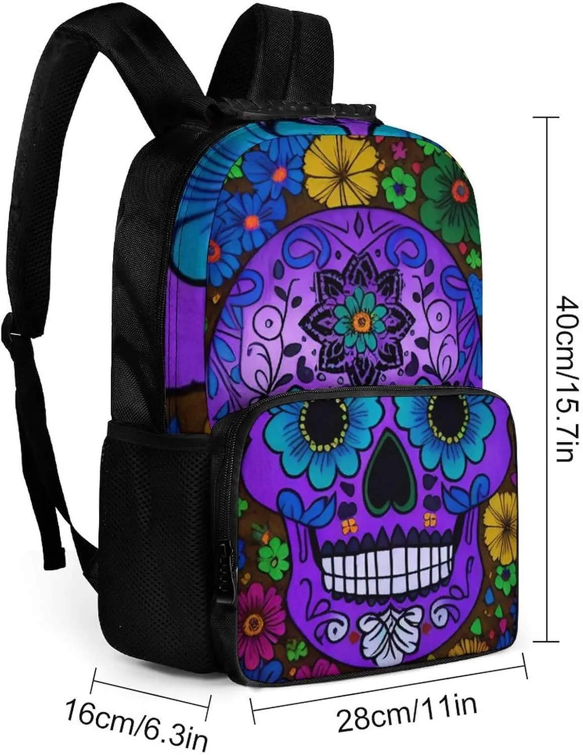 Grunge Mexican Sugar Skulls Day Of The Dead Flowers Art Rucksack Polyester Anti-Theft Multipurpose Bookbag Big Capacity Travel and Sport Backpack Rucksack With Side Pockets