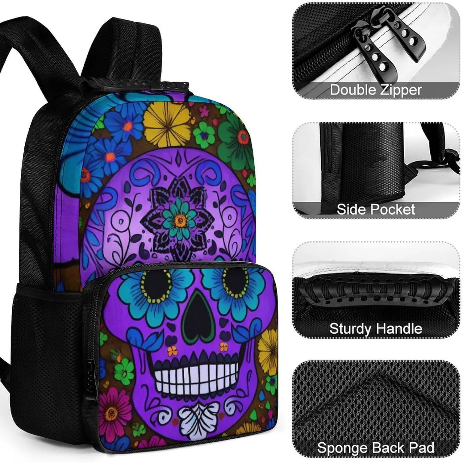Grunge Mexican Sugar Skulls Day Of The Dead Flowers Art Rucksack Polyester Anti-Theft Multipurpose Bookbag Big Capacity Travel and Sport Backpack Rucksack With Side Pockets