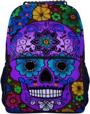 Grunge Mexican Sugar Skulls Day Of The Dead Flowers Art Rucksack Polyester Anti-Theft Multipurpose Bookbag Big Capacity Travel and Sport Backpack Rucksack With Side Pockets