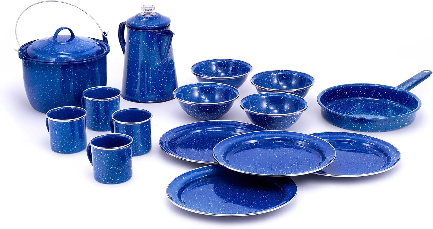 GSI Outdoors Camp Dinnerware Set I 4-Person Set Includes Pioneer Enamel Percolator, Frypan, Kettle, Bowls, Plates & Coffee Mugs