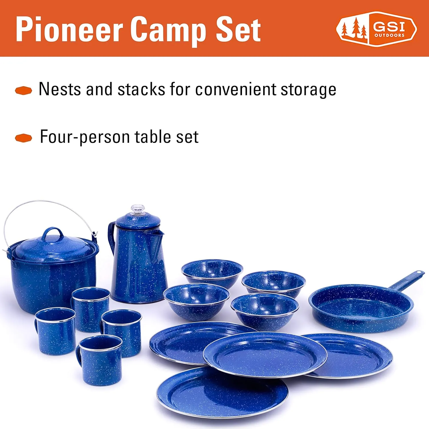 GSI Outdoors Camp Dinnerware Set I 4-Person Set Includes Pioneer Enamel Percolator, Frypan, Kettle, Bowls, Plates & Coffee Mugs
