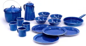 GSI Outdoors Camp Dinnerware Set I 4-Person Set Includes Pioneer Enamel Percolator, Frypan, Kettle, Bowls, Plates & Coffee Mugs