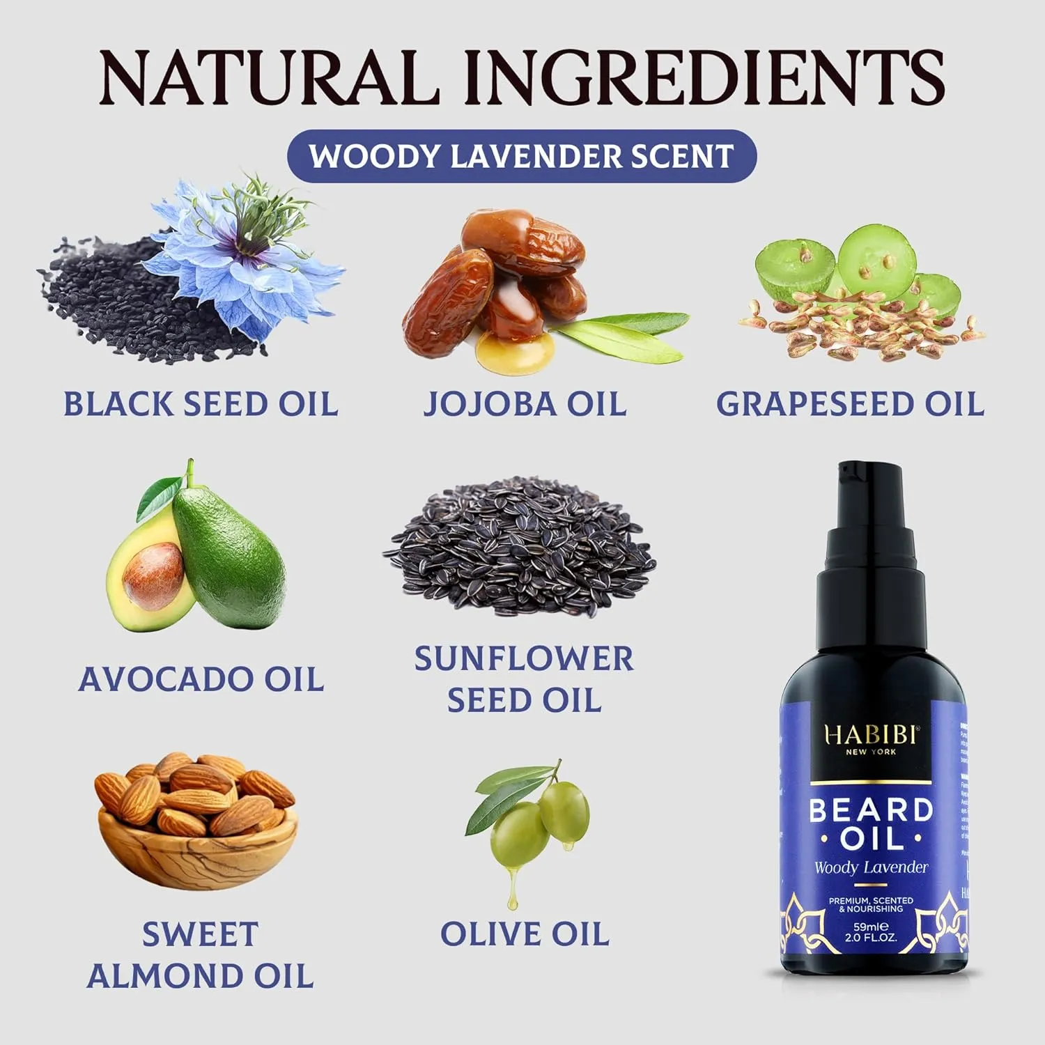 HABIBI Woody Lavender Beard Oil (2.0 Fl. Oz) Naturally Derived Scented Beard Oil For Men, Beard Growth Oil, & Beard Care Essentials – Hydrates, Nourishes & Promotes Healthy Beard Growth, Made in USA