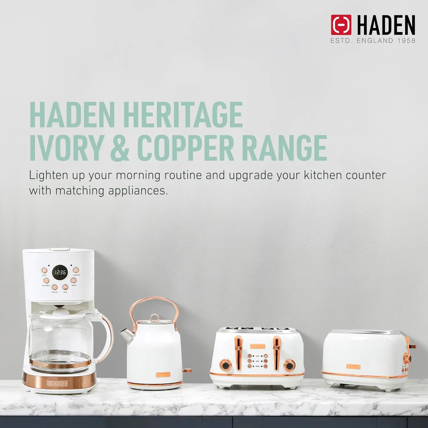 Haden Heritage 1.7 Liter Stainless Steel Electric Kettle, Hot Water Kettle with 360-Degree Base and Auto Shutoff, Ivory & Copper