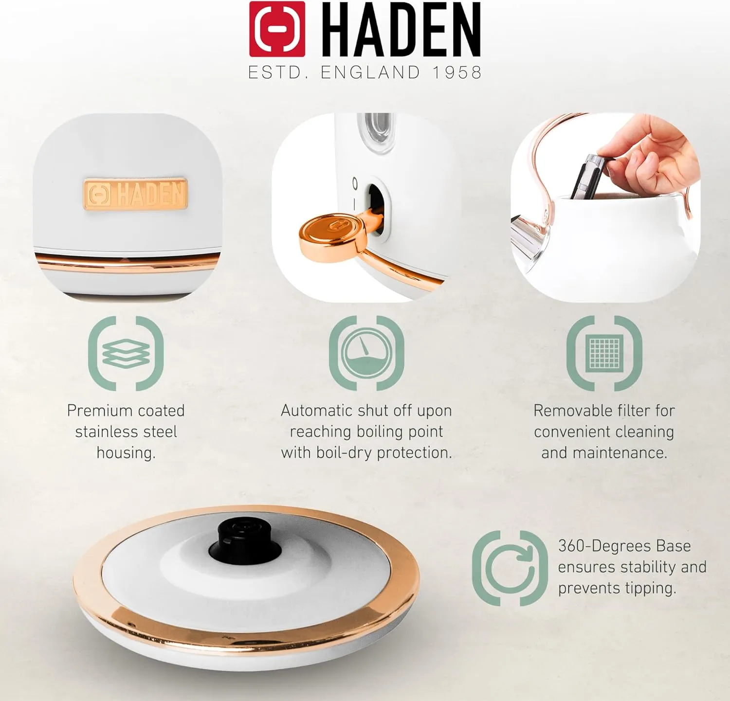 Haden Heritage 1.7 Liter Stainless Steel Electric Kettle, Hot Water Kettle with 360-Degree Base and Auto Shutoff, Ivory & Copper