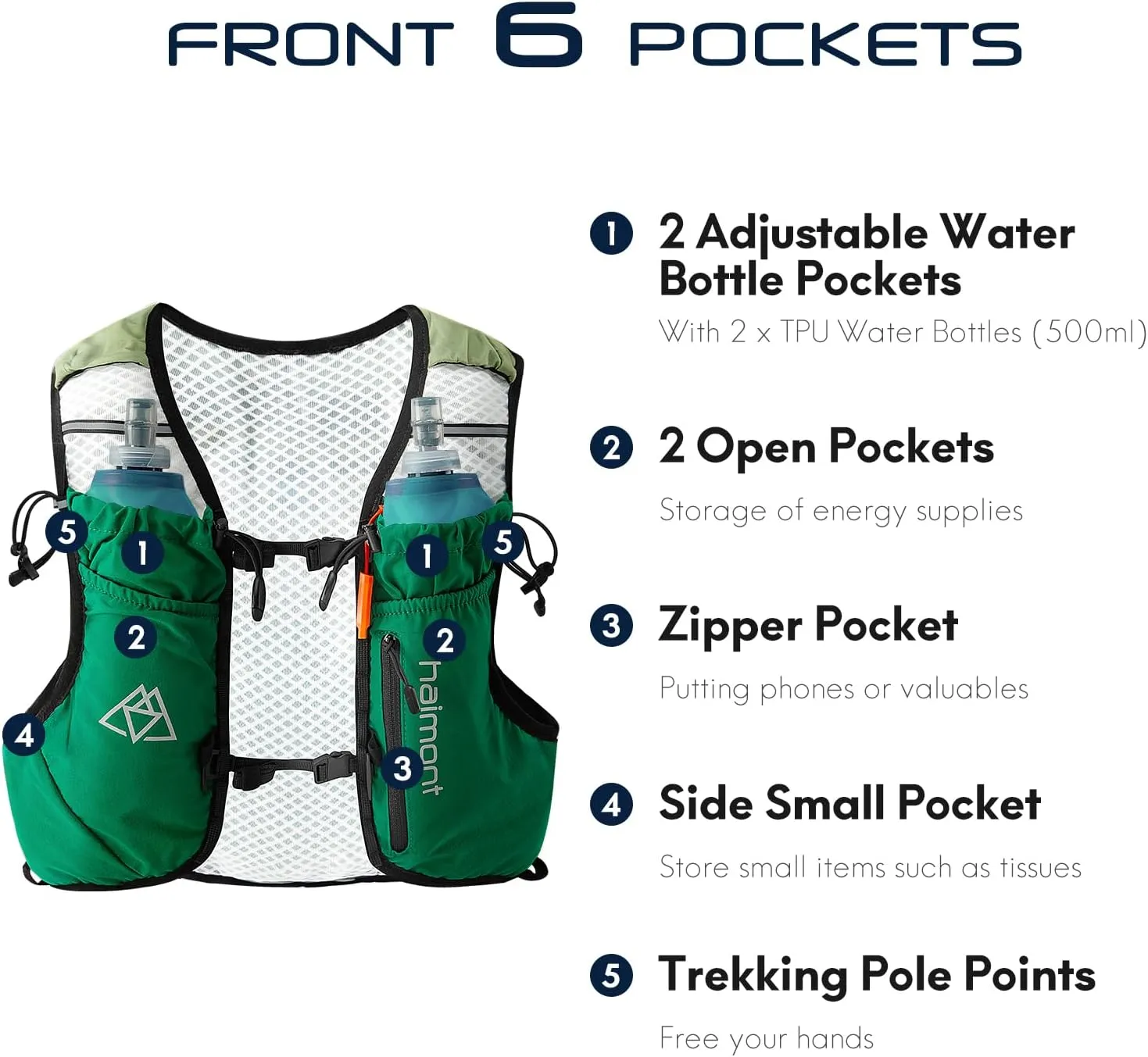 Haimont Running Hydration Vest with Water Bottles for Men Women, Lightweight 8L Hydrated Vest Pack for Trail Running, Hiking