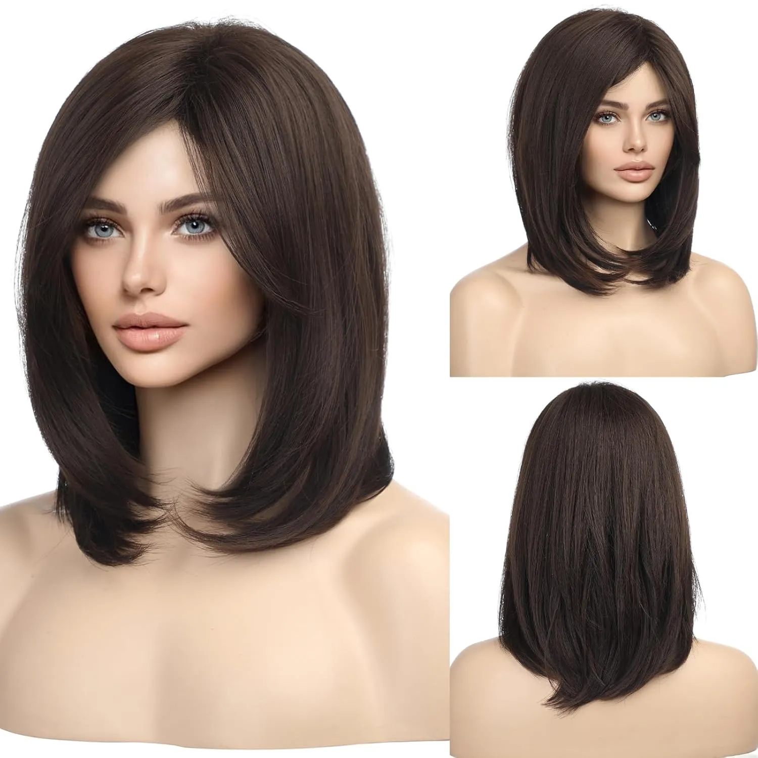 HAIRCUBE Dark Brown Shoulder Length Bob Wigs for Women Side Parting