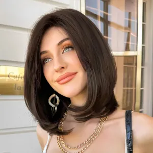 HAIRCUBE Dark Brown Shoulder Length Bob Wigs for Women Side Parting