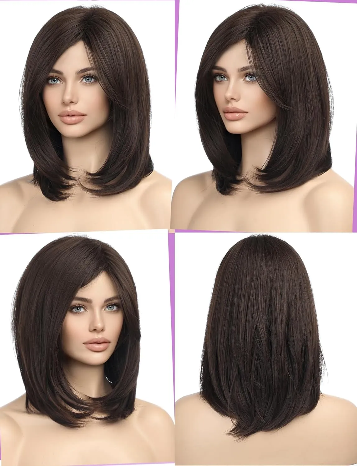 HAIRCUBE Dark Brown Shoulder Length Bob Wigs for Women Side Parting