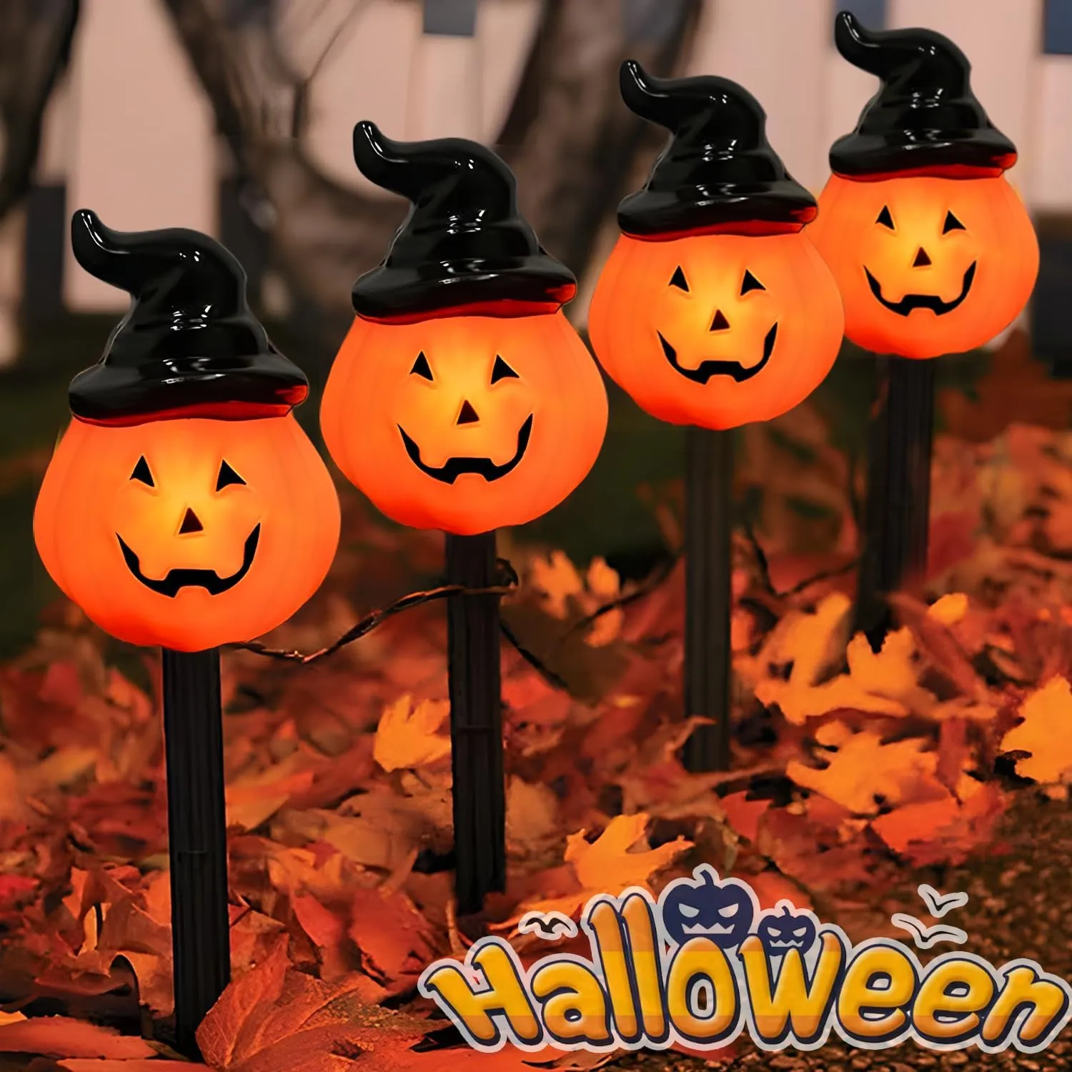 Halloween LED Pathway Markers - 7Ft Pumpkin Stake Lights with 4 Connectable C7 Bulbs for Outdoor Garden Walkway Yard Driveway Lawn Party Decor