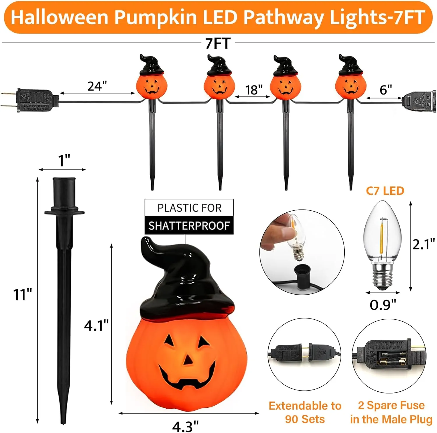 Halloween LED Pathway Markers - 7Ft Pumpkin Stake Lights with 4 Connectable C7 Bulbs for Outdoor Garden Walkway Yard Driveway Lawn Party Decor