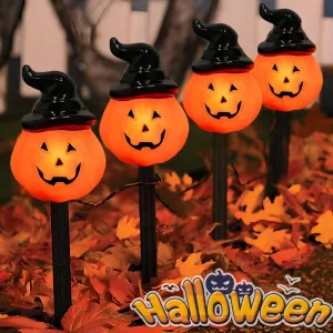 Halloween LED Pathway Markers - 7Ft Pumpkin Stake Lights with 4 Connectable C7 Bulbs for Outdoor Garden Walkway Yard Driveway Lawn Party Decor