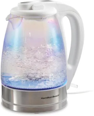 Hamilton Beach 1.7L Electric Tea Kettle, Water Boiler & Heater, LED Indicator, Built-In Mesh Filter, Auto-Shutoff & Boil-Dry Protection, Cordless Serving, Iridescent Clear Glass (41055)