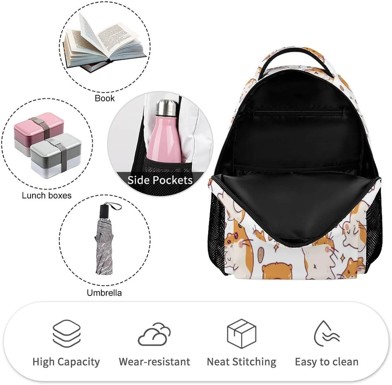 Hamster School Backpack for Kids Girls Boys, 16 Inch Cute Hamsters Themed Bookbag, Personalized School Backpack for Students Children, Lightweight, Large Capacity