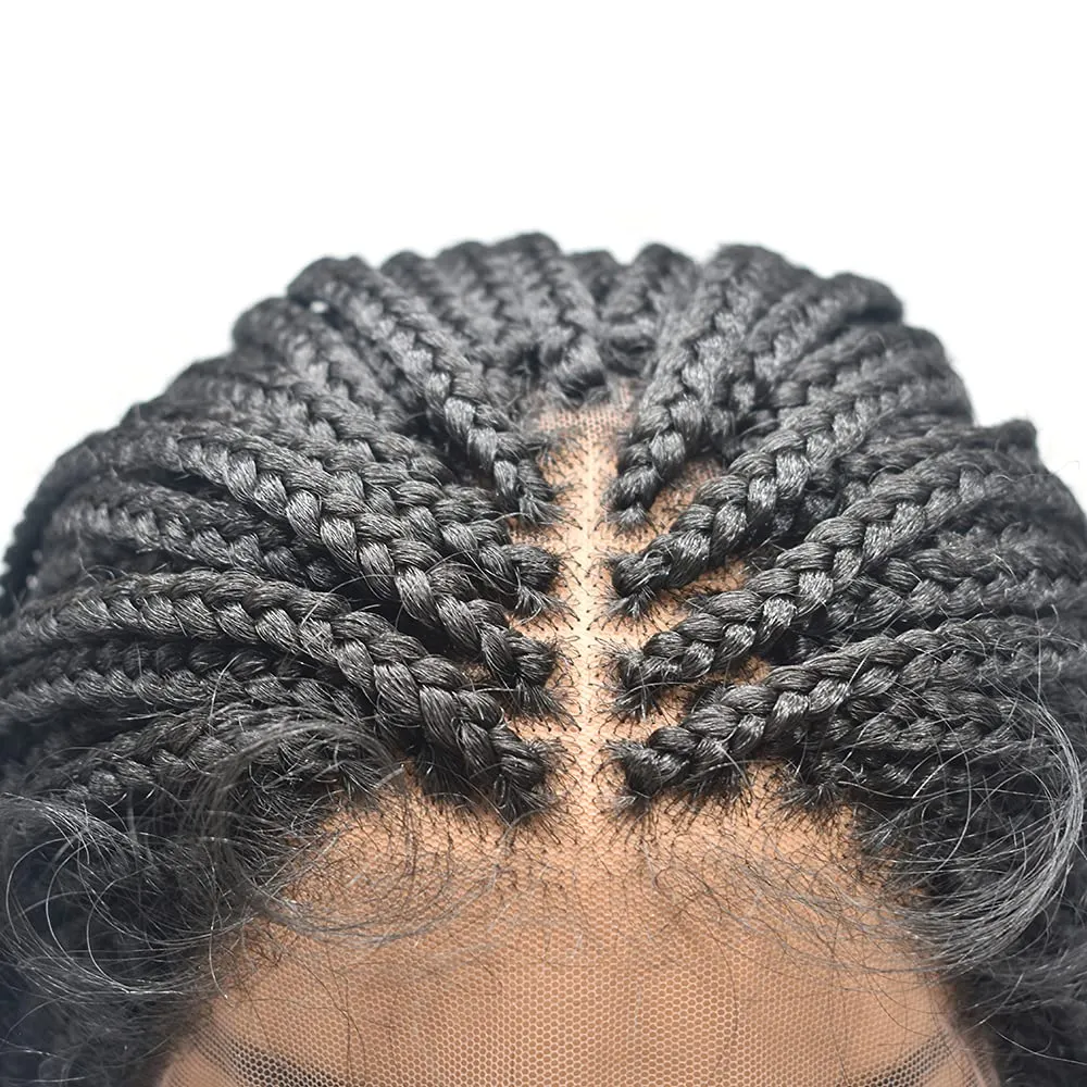 Hand Tied Swiss Lace Front Twist Box Braids Wigs with Baby Hair for Black Women Natural Looking Premium Quality Kanekalon Synthetic Shoulder Length Lightweight Hand Braided Cornrow Glueless Wigs (#1B Black)