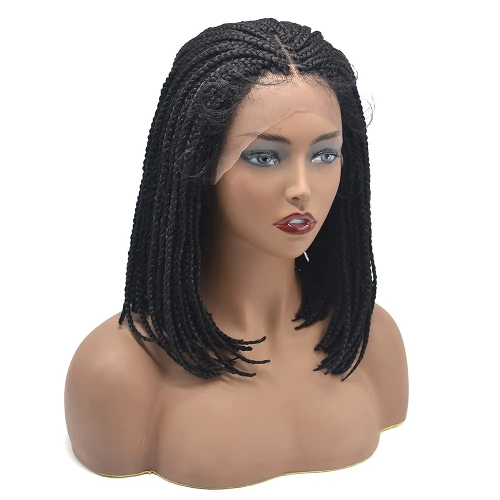 Hand Tied Swiss Lace Front Twist Box Braids Wigs with Baby Hair for Black Women Natural Looking Premium Quality Kanekalon Synthetic Shoulder Length Lightweight Hand Braided Cornrow Glueless Wigs (#1B Black)