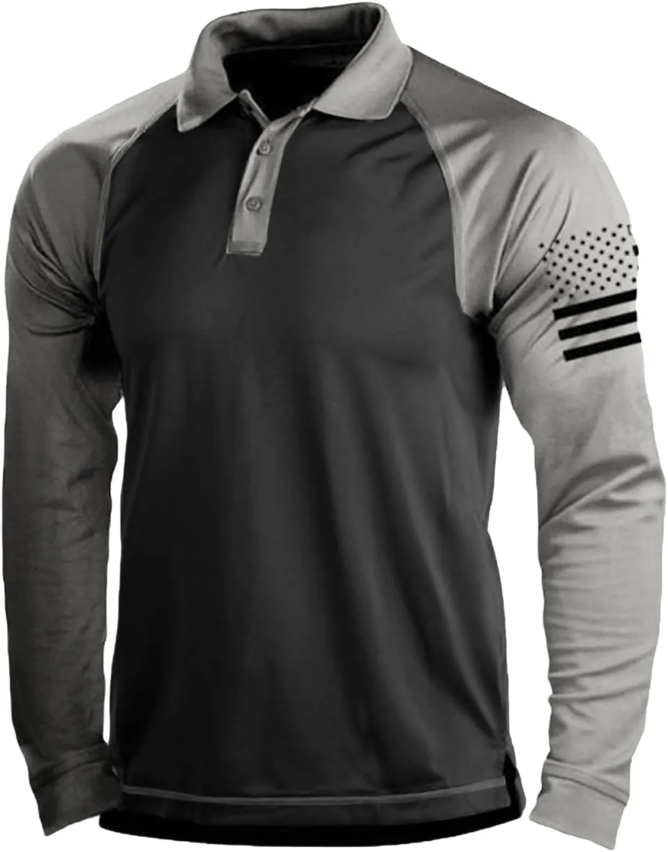 HARGLESMAN Mens American Flag Long Sleeve Polo Shirt
