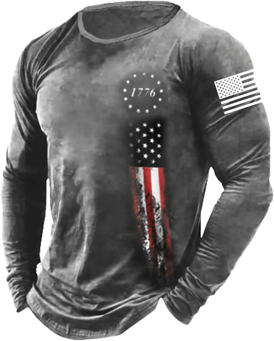 HARGLESMAN Mens Graphic T Shirt Long Sleeve 1776 American Flag Shirts