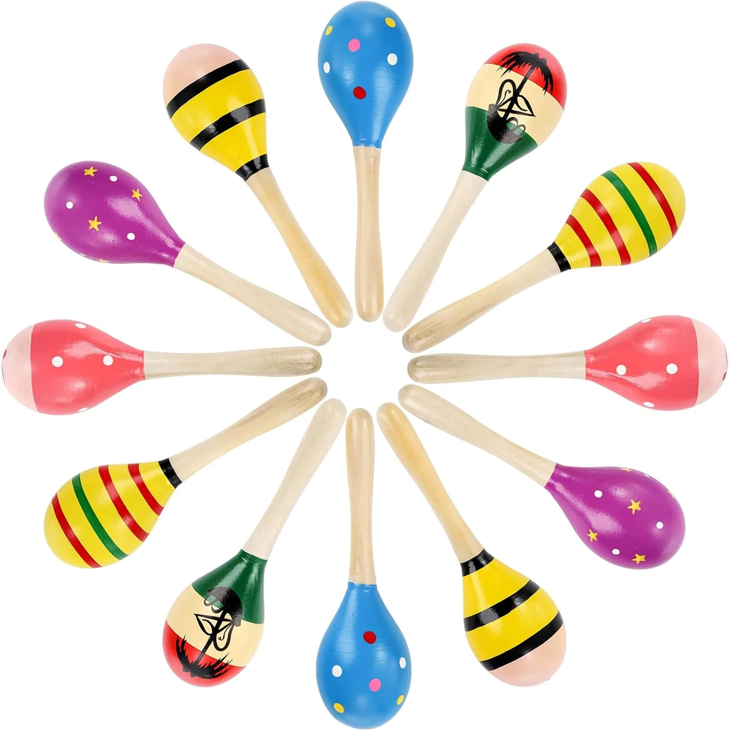 Hedume 12 Pack Wooden Festival Maracas, 8" Carnival Party Decoration Maracas, Shaker Sand Hammer Toy Noisemaker for Party Favors, Musical Fun, Birthday Parties, Carnivals
