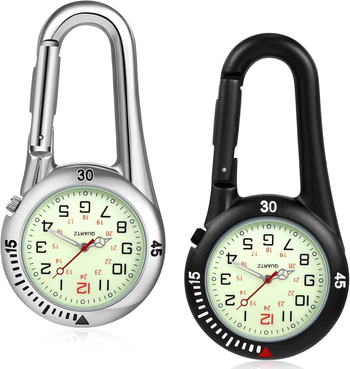 Hicarer 2 Pieces Clip on Quartz Watch Backpack Fob Belt Glow in The Dark Unisex Pocket Watch with White Dial for Doctors Nurses Outdoor Activities