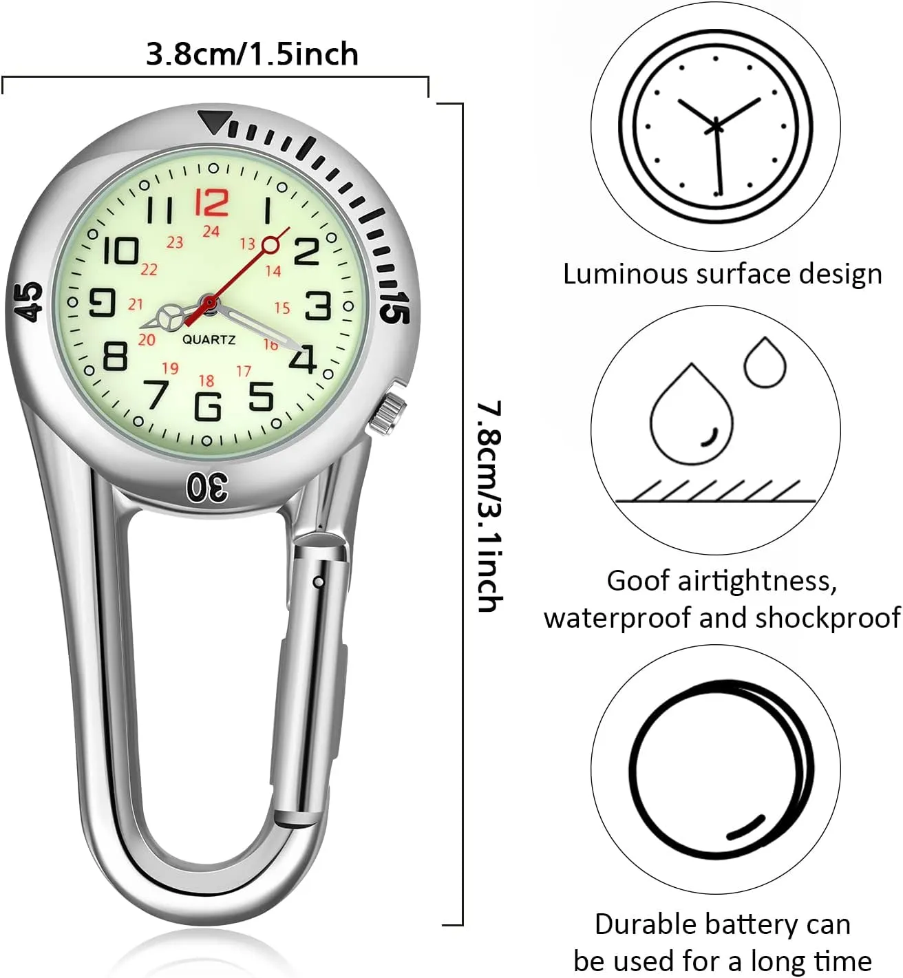 Hicarer 2 Pieces Clip on Quartz Watch Backpack Fob Belt Glow in The Dark Unisex Pocket Watch with White Dial for Doctors Nurses Outdoor Activities