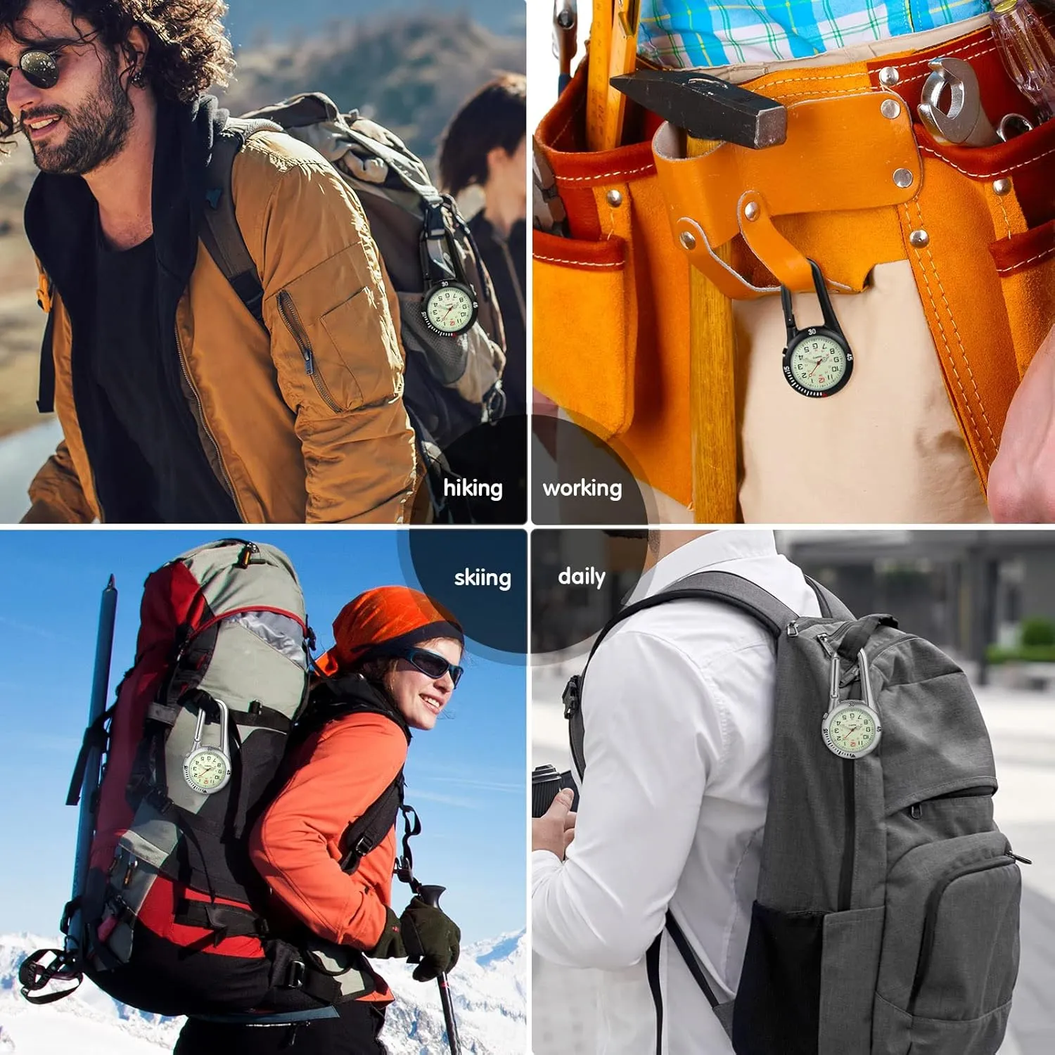 Hicarer 2 Pieces Clip on Quartz Watch Backpack Fob Belt Glow in The Dark Unisex Pocket Watch with White Dial for Doctors Nurses Outdoor Activities