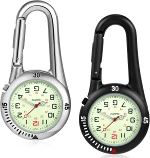 Hicarer 2 Pieces Clip on Quartz Watch Backpack Fob Belt Glow in The Dark Unisex Pocket Watch with White Dial for Doctors Nurses Outdoor Activities