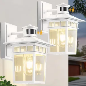 HIFEELE 2 Pack Motion Sensor Outdoor Lights Wall Mount Lantern, White Dusk to Dawn Outdoor Lighting, Anti-Rust Waterproof Exterior Light Fixture with Tempered Glass for House Porch Garage Entryway