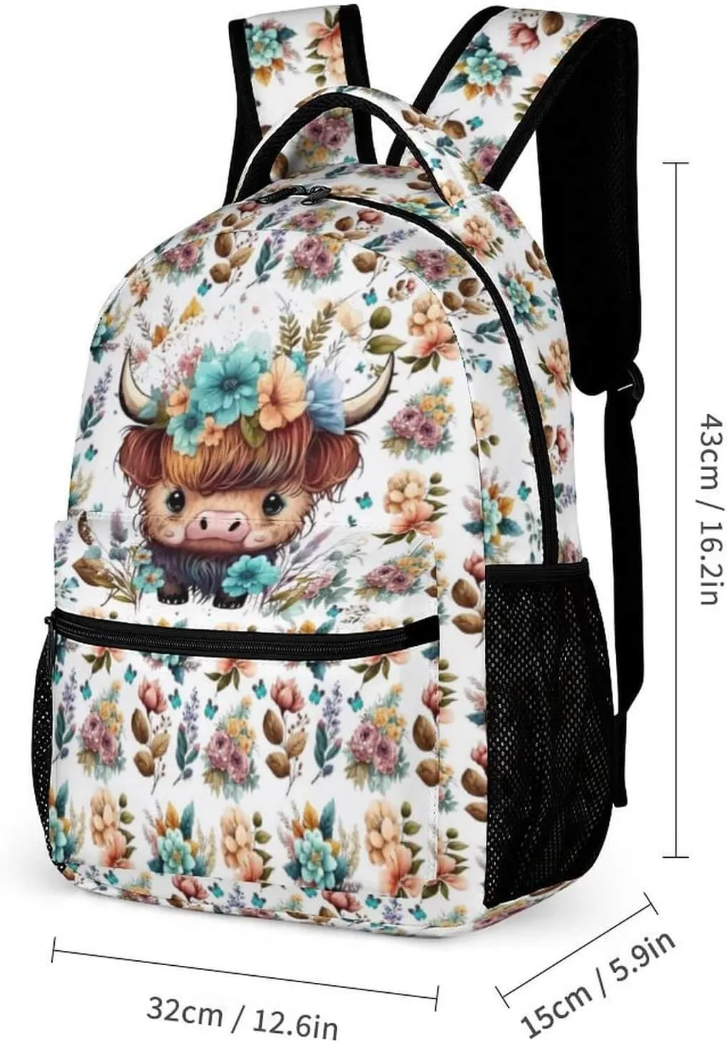 Highland Cow Backpack with Lunch Box & Pencil Case, 16 Inch Cute Highland Cow Themed Bookbag, Adjustable Lightweight Large Capacity, Highland Cow Backpack Set for Kids Girls Boys School