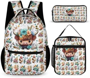 Highland Cow Backpack with Lunch Box & Pencil Case, 16 Inch Cute Highland Cow Themed Bookbag, Adjustable Lightweight Large Capacity, Highland Cow Backpack Set for Kids Girls Boys School