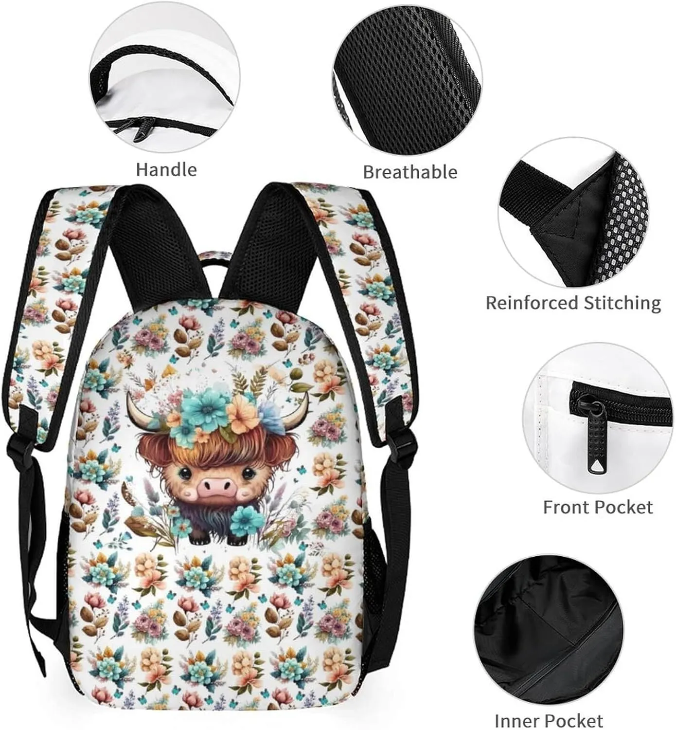 Highland Cow Backpack with Lunch Box & Pencil Case, 16 Inch Cute Highland Cow Themed Bookbag, Adjustable Lightweight Large Capacity, Highland Cow Backpack Set for Kids Girls Boys School