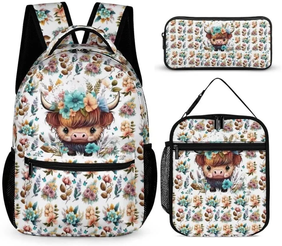 Highland Cow Backpack with Lunch Box & Pencil Case, 16 Inch Cute Highland Cow Themed Bookbag, Adjustable Lightweight Large Capacity, Highland Cow Backpack Set for Kids Girls Boys School