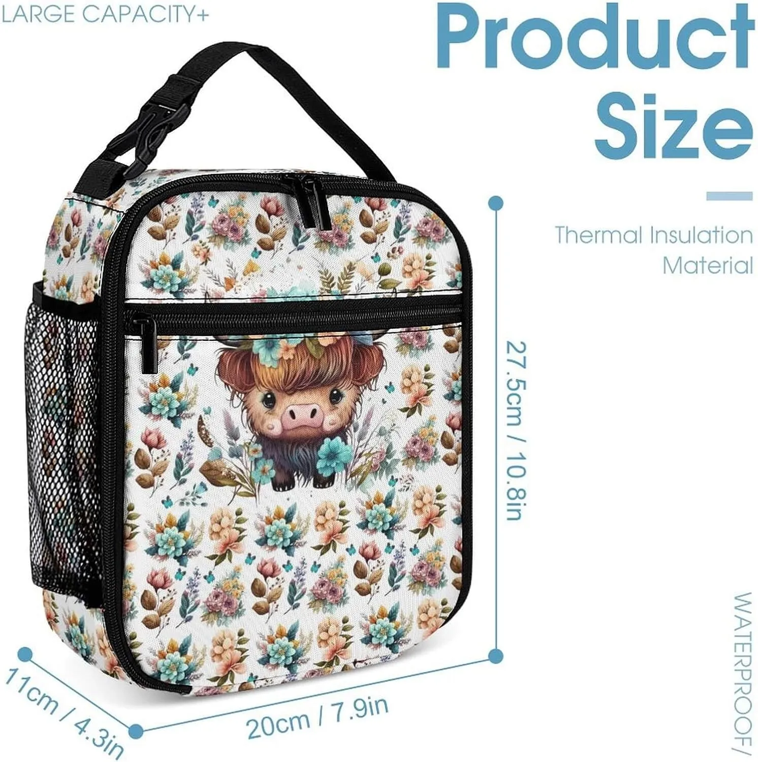 Highland Cow Backpack with Lunch Box & Pencil Case, 16 Inch Cute Highland Cow Themed Bookbag, Adjustable Lightweight Large Capacity, Highland Cow Backpack Set for Kids Girls Boys School