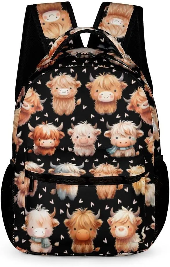 Highland Cow School Backpack for Kids Girls Boys, 16 Inch Cool Highland Cow Themed Bookbag, Personality School Backpack for Students Children, sustainable, Lightweight, Large Capacity
