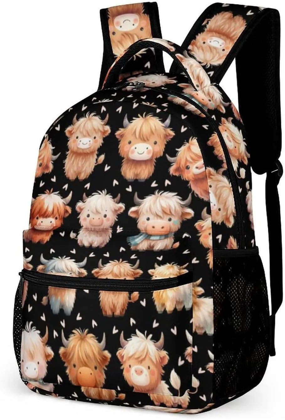 Highland Cow School Backpack for Kids Girls Boys, 16 Inch Cool Highland Cow Themed Bookbag, Personality School Backpack for Students Children, sustainable, Lightweight, Large Capacity