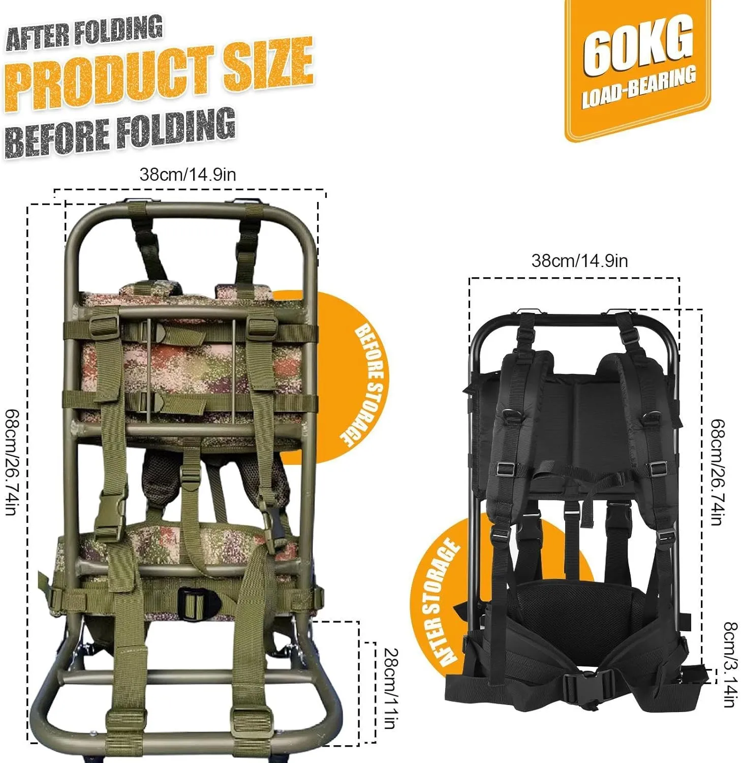 Hiking Backpack with Frame,Pack Frames for Hunting,Adjustable Aluminum Framed Backpack Can Load 132Lbs,Frame Backpack for Outdoor Activity,Camping,Mountaineering,Travel,Hunting,Camouflage Color