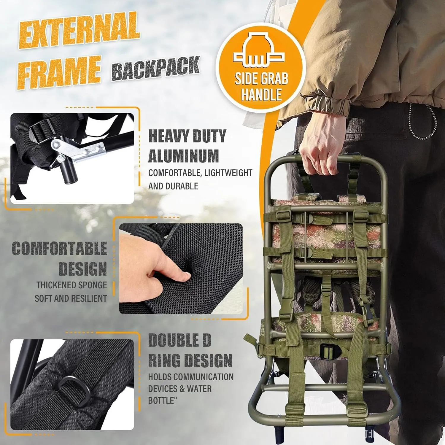 Hiking Backpack with Frame,Pack Frames for Hunting,Adjustable Aluminum Framed Backpack Can Load 132Lbs,Frame Backpack for Outdoor Activity,Camping,Mountaineering,Travel,Hunting,Camouflage Color