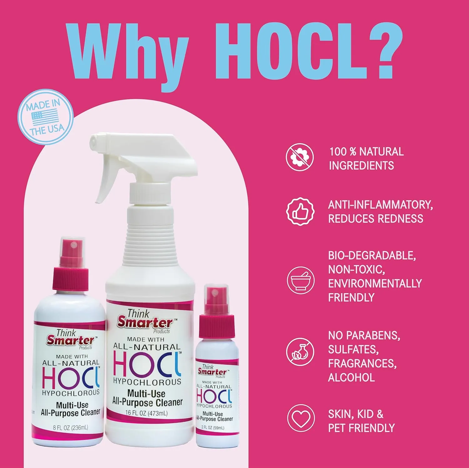 HOCL All-Purpose Cleaner with Hypochlorous Acid, All-Natural Surface Cleaner, & Skin Hydrator 16fl oz Clear Spray