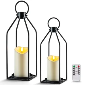 Homemory Modern Farmhouse Lantern Decor with Waterproof Flameless Candle & Remote Timer, 2PCS Black Metal Candle Lantern Decorative for Outdoor Indoor Home Living Room Patio Porch Table (Black)