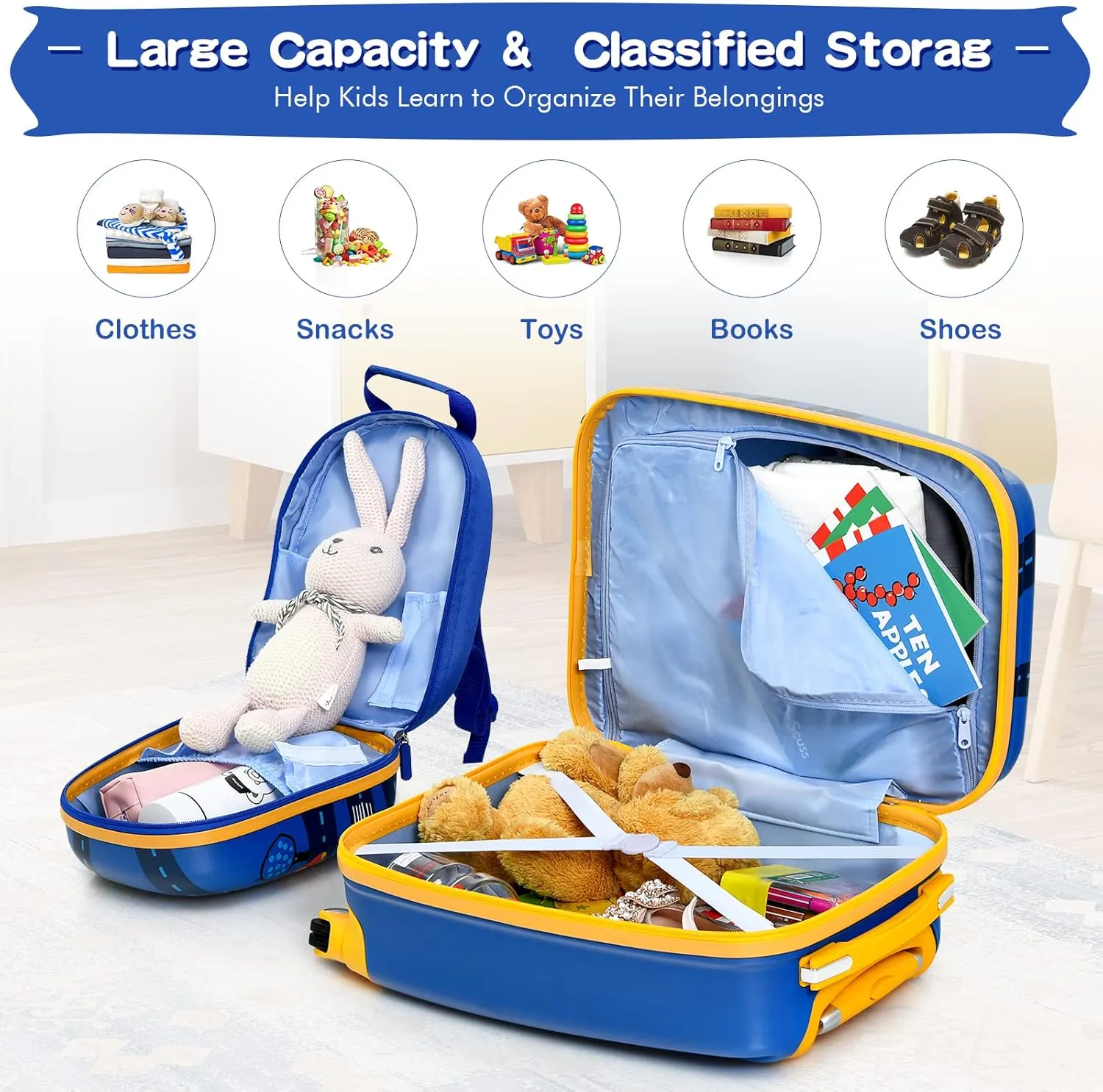 HONEY JOY Kids Luggage, 12" Toddler Backpack & 18" Travel Suitcase with Wheels, Lightweight Toddler Suitcase, Durable ABS Hardshell, 2Pcs Carry On Luggage Set for Boys Girls (Car)