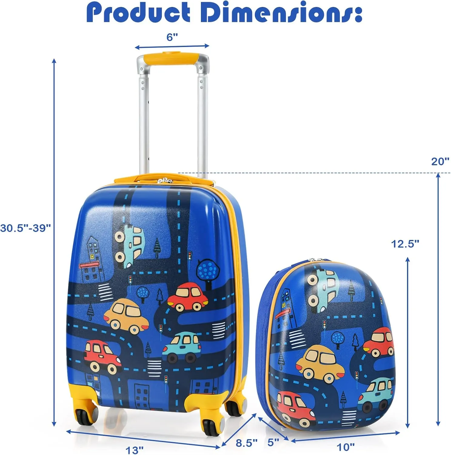 HONEY JOY Kids Luggage, 12" Toddler Backpack & 18" Travel Suitcase with Wheels, Lightweight Toddler Suitcase, Durable ABS Hardshell, 2Pcs Carry On Luggage Set for Boys Girls (Car)