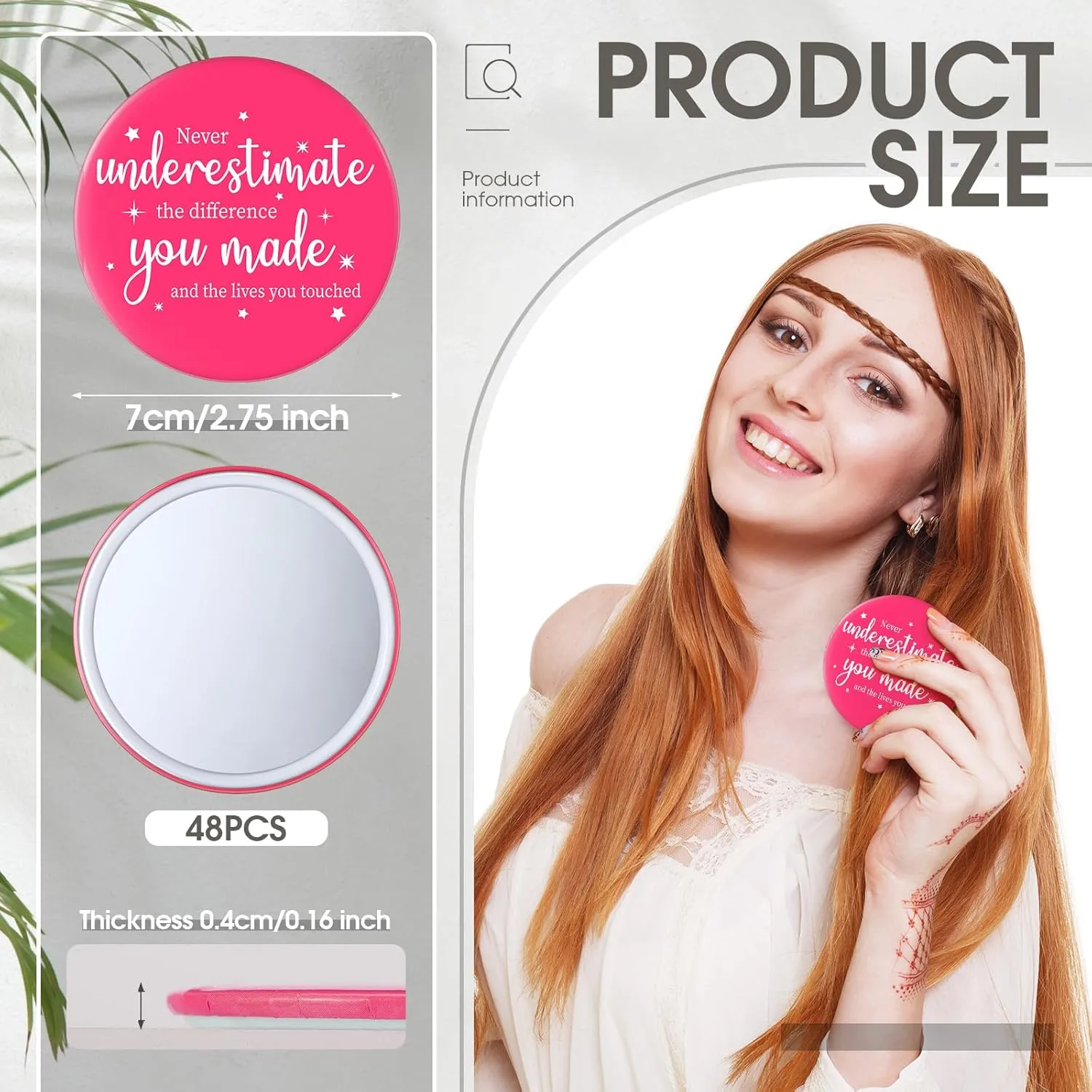 Hoolerry 48 Pcs Pink Inspirational Compact Mirror Bulk 2.8 Inch Small Round Makeup Purse Pocket Portable Travel Mirror for Graduation Teacher Nurse Employee Appreciation Gifts